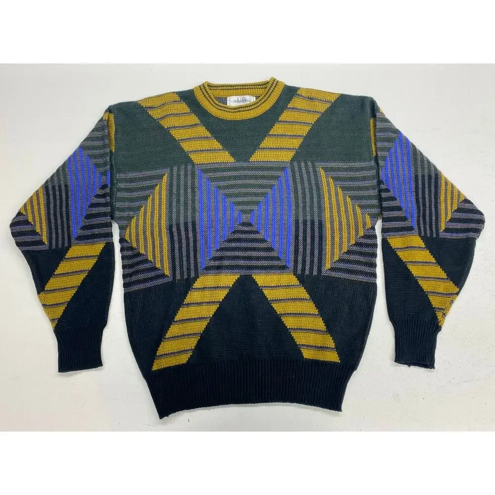 VTG 90s Men Union Pier 3D knit geometric graphic crewneck pullover sweater L